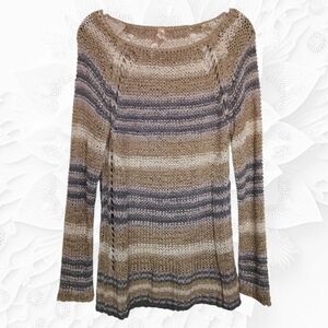 Mystree Wide Knit Lightweight Tan White Boatneck Sweater Size Medium